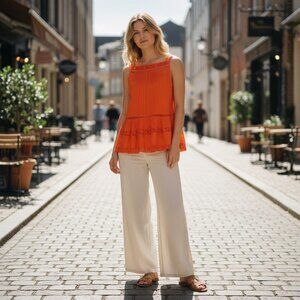 Free People Boho Lace Pintuck Peplum Tank Top Orange Small/Petite